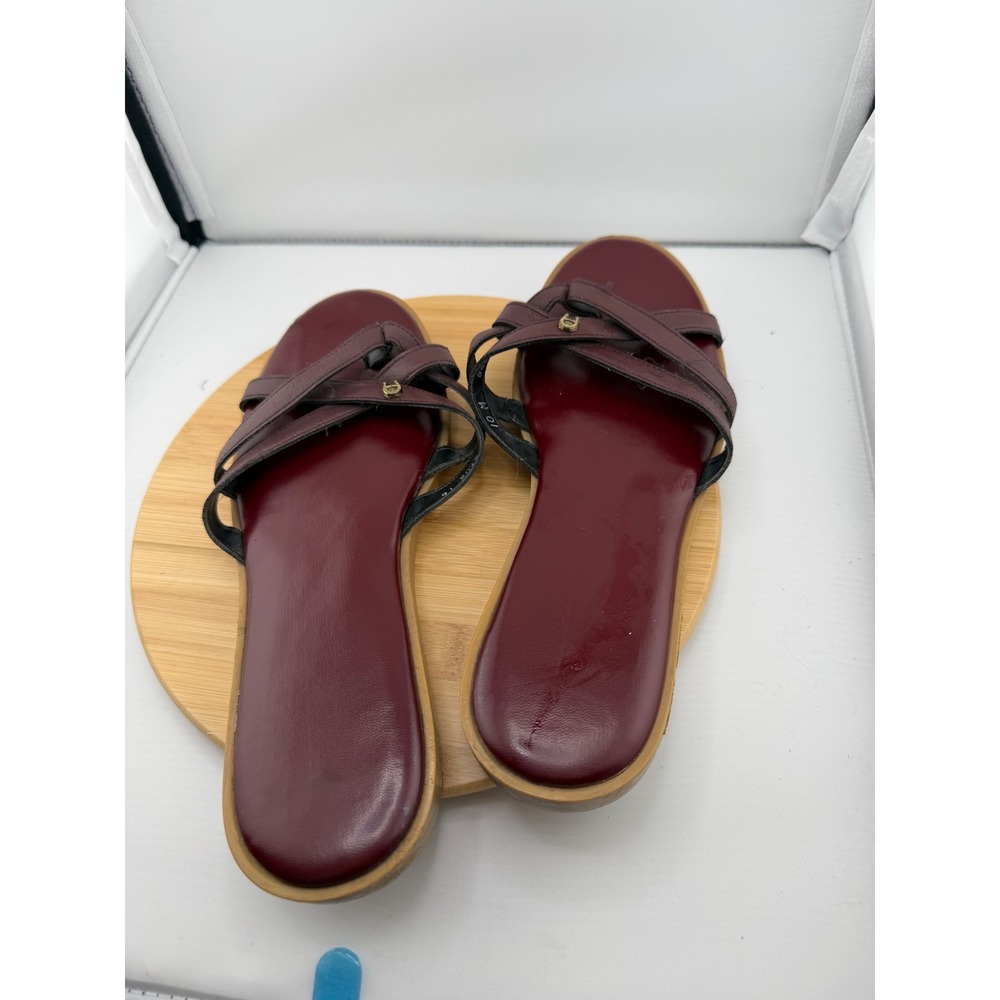 Etienne Aigner Womens Burgundy Leather Strappy Slide Sandals Size 10 M Logo Flat